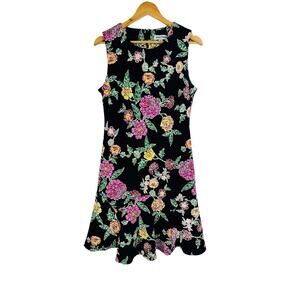 Shelby & Palmer Black Floral Textured Stretch Fit & Flare Dress Ruffle Hem SZ 10